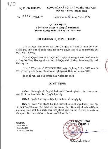 Danh sách “Doanh nghiệp xuất khẩu uy tín” năm 2019